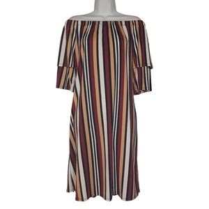 WANDERLUX Burgundy Black Tan Stripe Off Shoulder Stretchy Dress Small